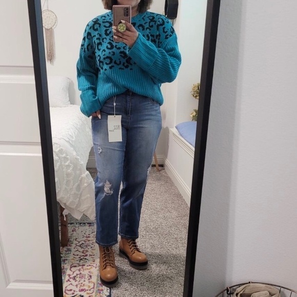 New! Nine West Leopard Cheetah Chunky Knit Ribbed Teal Black Crewneck Sweater - Picture 2 of 10